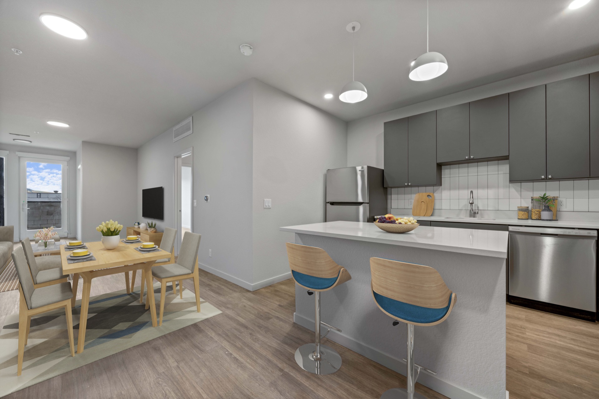 Contemporary open-plan dining area in a luxury apartment at The Cooper, Lakewood CO, minutes from Downtown Denver