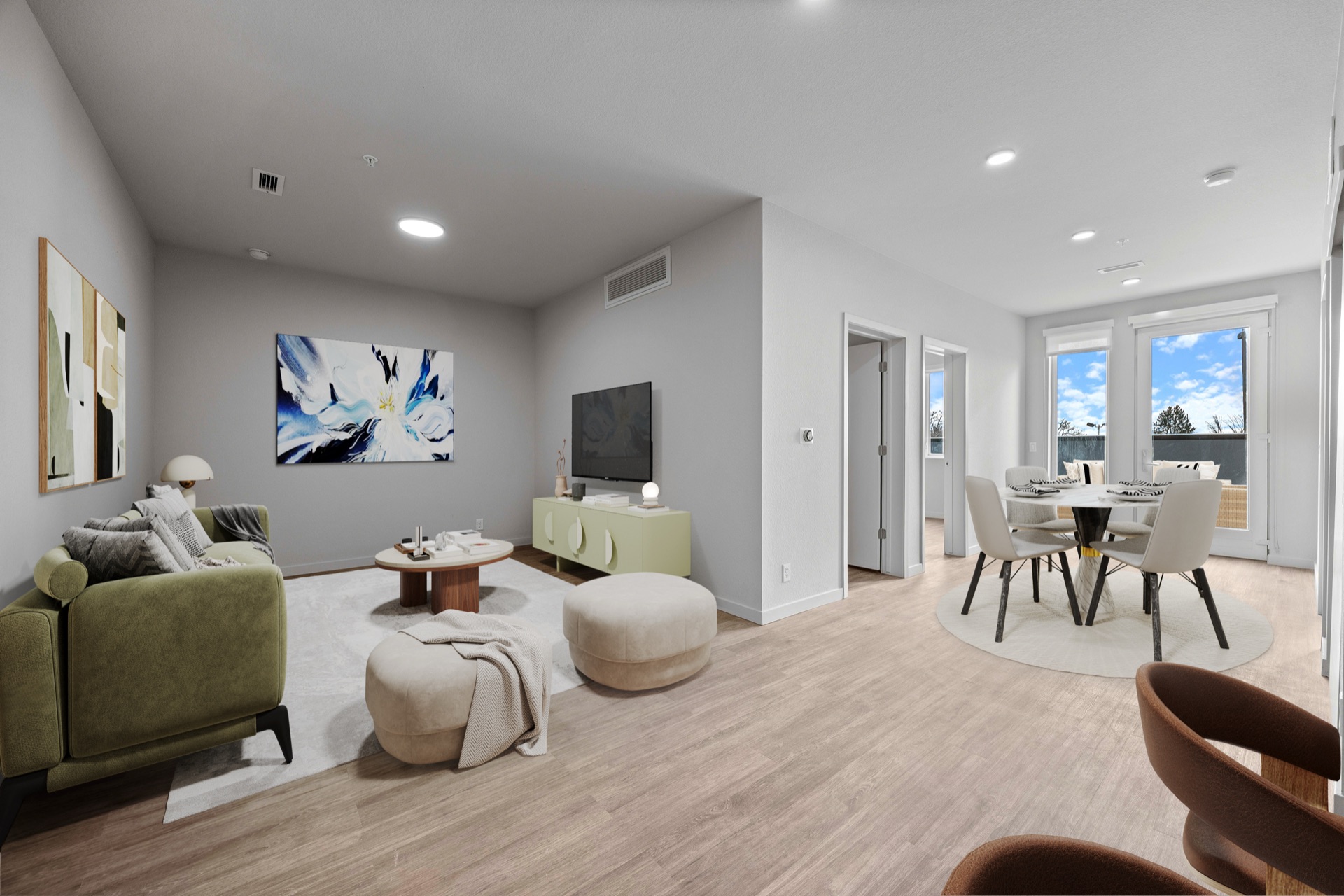 Bright and spacious open-plan living space in a premium apartment at The Cooper, Lakewood Colorado